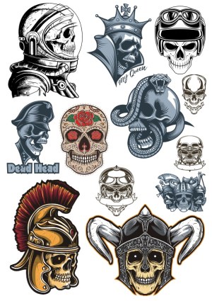 Skull Illustrations with Helmets, Crowns, and Symbolic Elements Free Vector