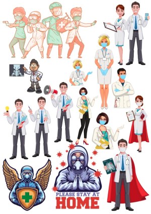 Medical and Healthcare Professional Characters with Protective Gear and Stay at Home Message Free Vector