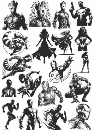 Black and White Superhero Comic Character Silhouettes and Poses Free Vector