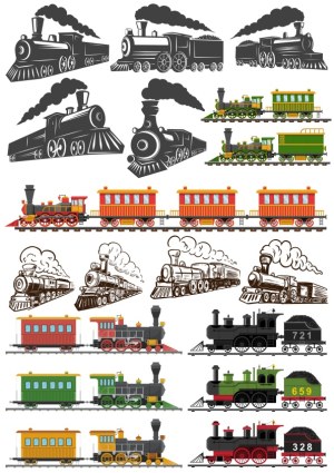 Vintage Steam Trains Vector Set with Colorful Passenger Cars Free Vector