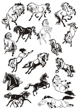 Collection of Dynamic Horse Silhouettes and Line Art Free Vector