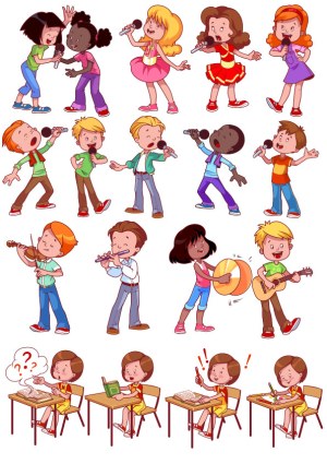 Children Singing, Playing Instruments, and Studying Vector Illustrations Free Vector