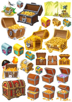 Collection of Cartoon Treasure Chests and Pirate-themed Loot Boxes Free Vector