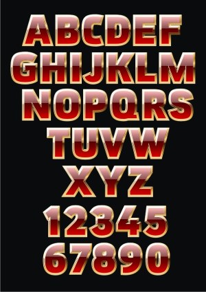 Glossy Red and Gold 3D Alphabet and Numbers Set Free Vector