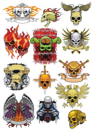 Collection of Detailed Skull and Flame Vector Designs with Wings, Swords, and Banners Free Vector