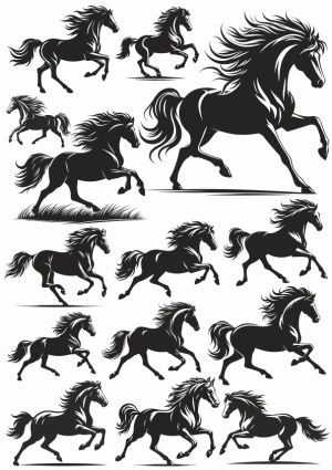 Set of Black Silhouette Horses in Various Running Poses Free Vector