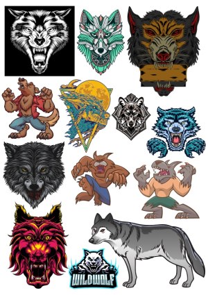 Collection of Stylized Wolf and Werewolf Vector Illustrations Free Vector
