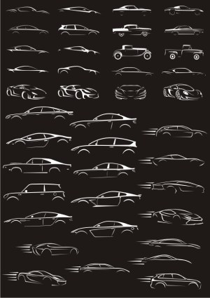 Minimalist White Line Art Car Silhouettes on Black Background Free Vector