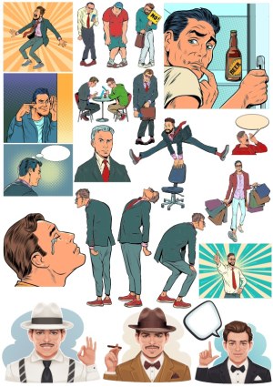 Retro Style Male Characters Expressing Various Emotions and Actions Free Vector