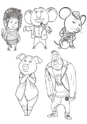 Black and White Cartoon Animal Singers and Musicians Line Art Free Vector