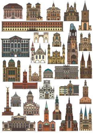 Collection of European Historical Buildings Vector Icons Free Vector