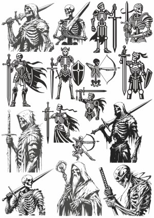 Black and White Skeleton Warriors and Mages Vectors Free Vector