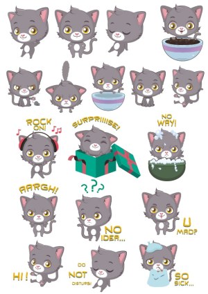 Cute Gray Kitten Emoticon Stickers with Various Expressions and Poses Free Vector