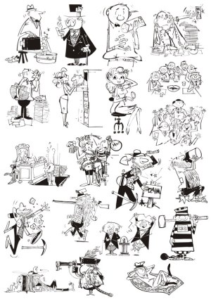 Vintage Black and White Cartoon Business and Crime Illustrations Free Vector