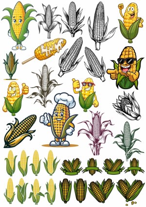 Variety of Corn Cob Illustrations and Cartoon Characters Free Vector