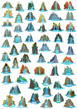 Set of 54 Cartoon Waterfall Illustrations on Various Rock Formations Free Vector