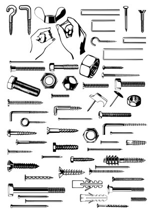 Black and White Vector Set of Various Screws, Nails, Bolts, Nuts, and Fasteners Free Vector