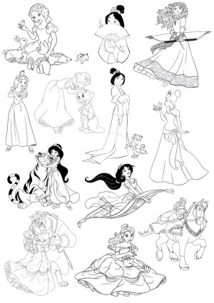 Black and White Princesses and Fantasy Characters Vector Illustrations Free Vector