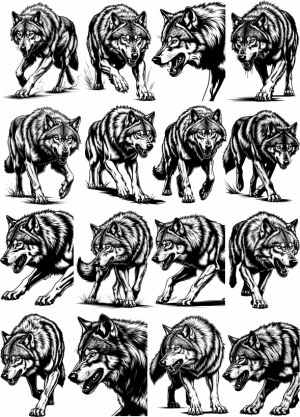 Set of Detailed Black and White Wolf Vector Illustrations Free Vector