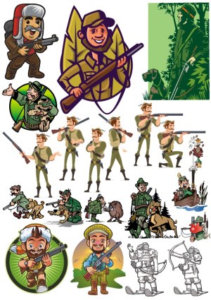 Various Hunters and Hunting Scenes Vector Illustrations Free Vector
