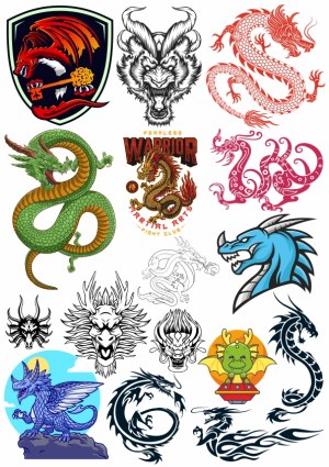 Collection of Colorful and Black Dragon Vector Illustrations Free Vector