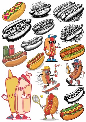 Hot Dog Vector Collection with Cartoon Characters and Condiments Free Vector