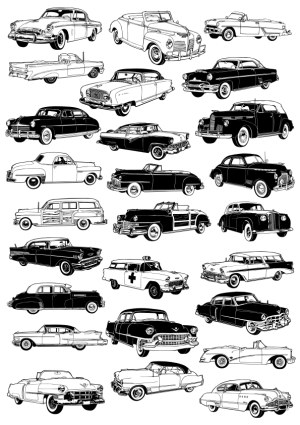 Vintage Classic Cars Black and White Vector Illustrations Free Vector