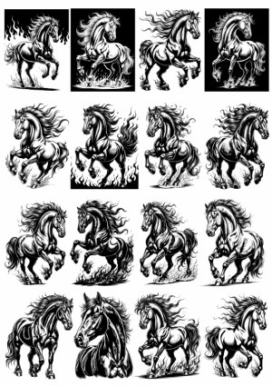 Set of Black and White Detailed Wild Horse Illustrations Free Vector
