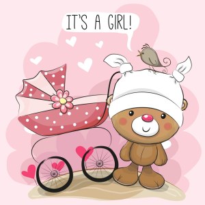 Cute Bear with Baby Carriage and It's a Girl Announcement Free Vector