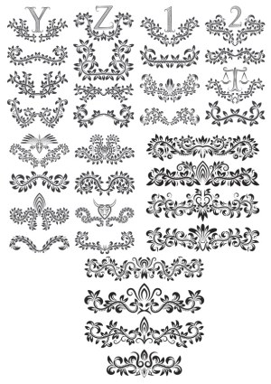Floral Decorative Vector Elements and Initials Y, Z with Numerals 1 and 2 Free Vector