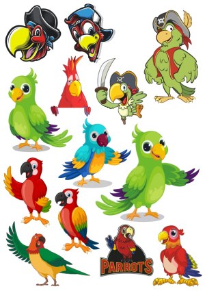 Colorful Cartoon Parrot and Pirate Parrot Characters Collection Free Vector