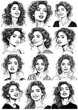 Set of Hand-Drawn Black and White Female Portraits with Different Hairstyles and Expressions Free Vector
