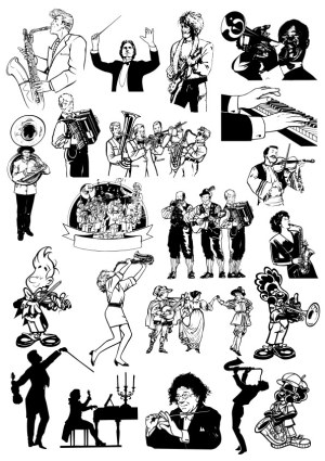 Collection of Black and White Musical Performers and Instruments Vector Illustrations Free Vector