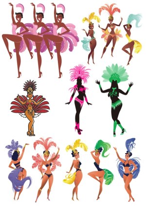 Colorful Samba Dancers in Feathered Costumes Vector Set Free Vector
