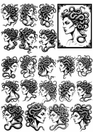Vector Illustrations of Medusa Heads with Snake Hair in Various Angles Free Vector