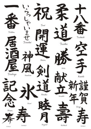 Japanese Kanji Calligraphy with Romanized Translations Free Vector