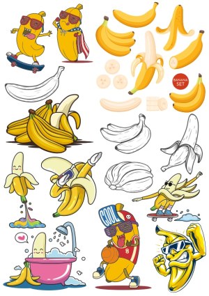 Banana Illustration Set with Realistic, Cartoon, and Sketch Styles Free Vector