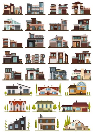 Collection of Diverse Modern and Traditional Residential Houses Vector Set Free Vector