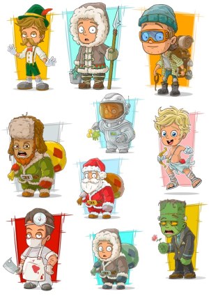 Cartoon Characters in Various Costumes Collection Free Vector