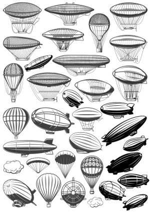 Vintage Airships, Balloons, and Parachutes Vector Set Free Vector