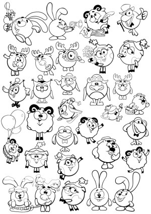 Black and White Cartoon Animal Characters Lineart Collection Free Vector