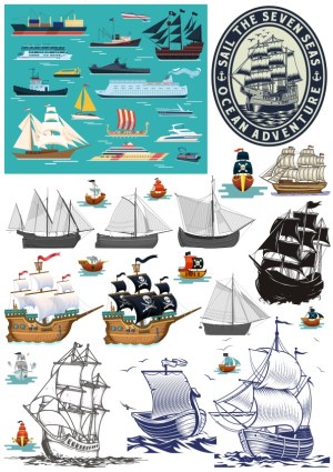 Collection of Various Ships and Sailing Vessels Vector Illustrations Free Vector