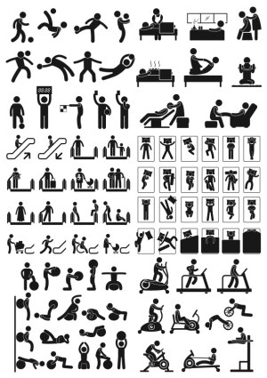 Fitness, Rehabilitation, and Daily Activities Stick Figure Icons Free Vector