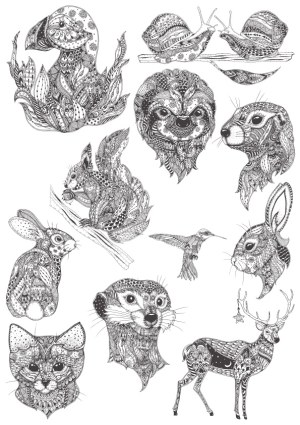Intricate Black and White Ornamental Animal Line Art Vector Set Free Vector