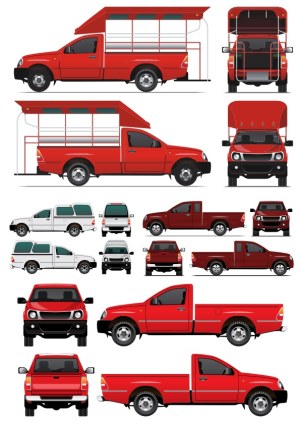 Vector Set of Red and White Pickup Trucks with Canopies and Different Angles Free Vector