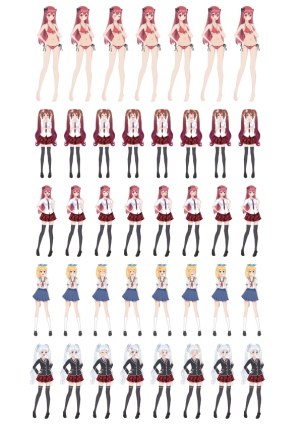 Anime Girl Character Sprites with Various Outfits and Poses Free Vector
