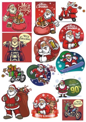 Christmas Santa Claus Collection with Gifts, Motorcycles and Winter Sports Free Vector