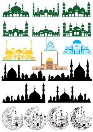 Set of Mosque Silhouettes and Crescent Moon Islamic Icons Free Vector