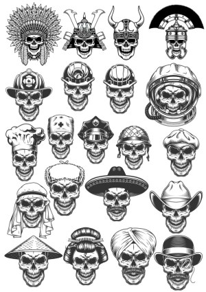 Skull Heads with Various Hats and Helmets Vector Set Free Vector