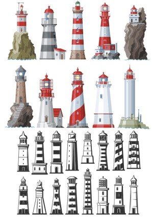 Set of Detailed and Silhouette Lighthouse Vector Illustrations Free Vector